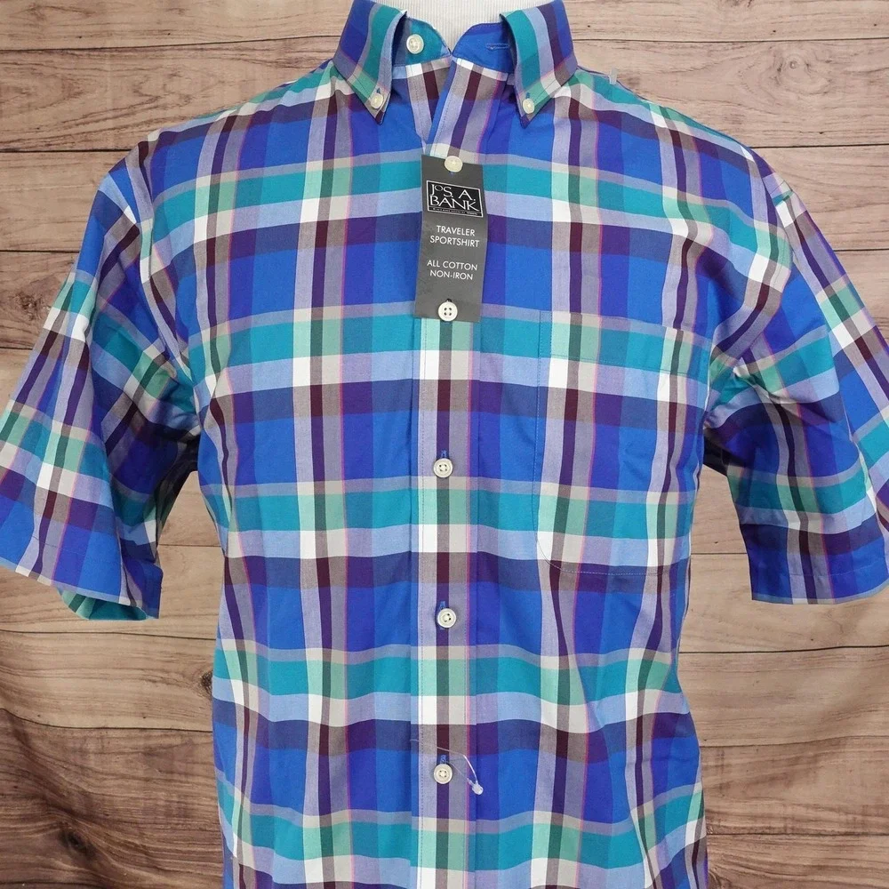 New! Jos. A. Bank Shirt Mens L Blue Plaid Short Sleeve Button-Up Non-Iron Cotton